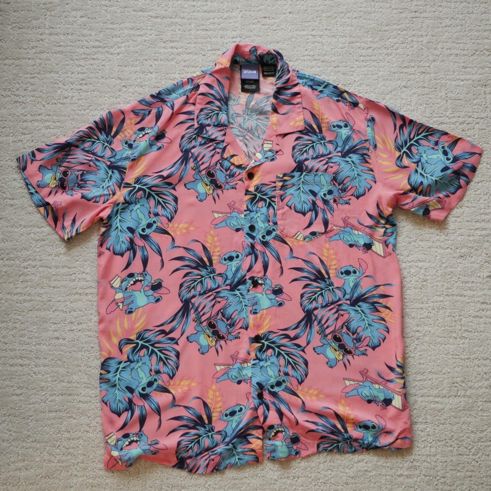 Disney Stitch Mens Medium Pink Tropical Hawaiian Camp Shirt Rayon Short Sleeve